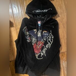 Ed Hardy Black Velvet Zip Up Hoodie Eagle Rose Graphic Y2K